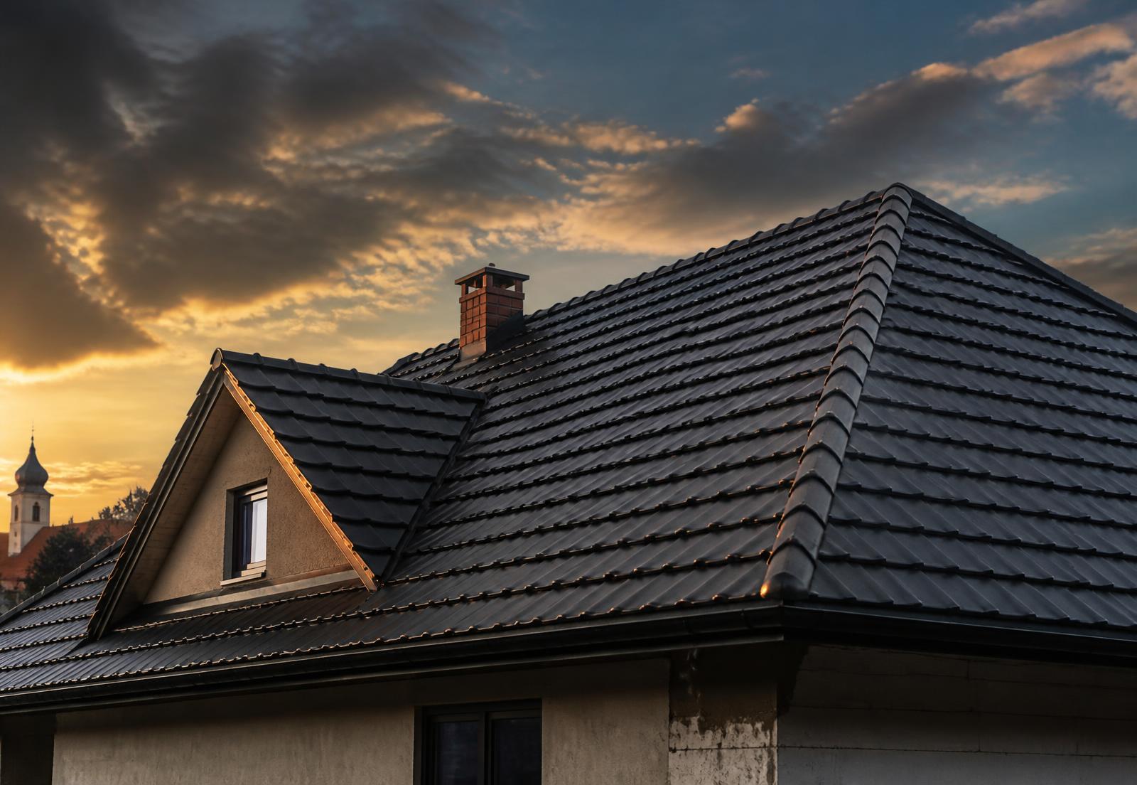 Dokončená tmavá skládaná krytina na rodinném domě